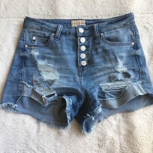 high waisted medium wash distressed jean shorts